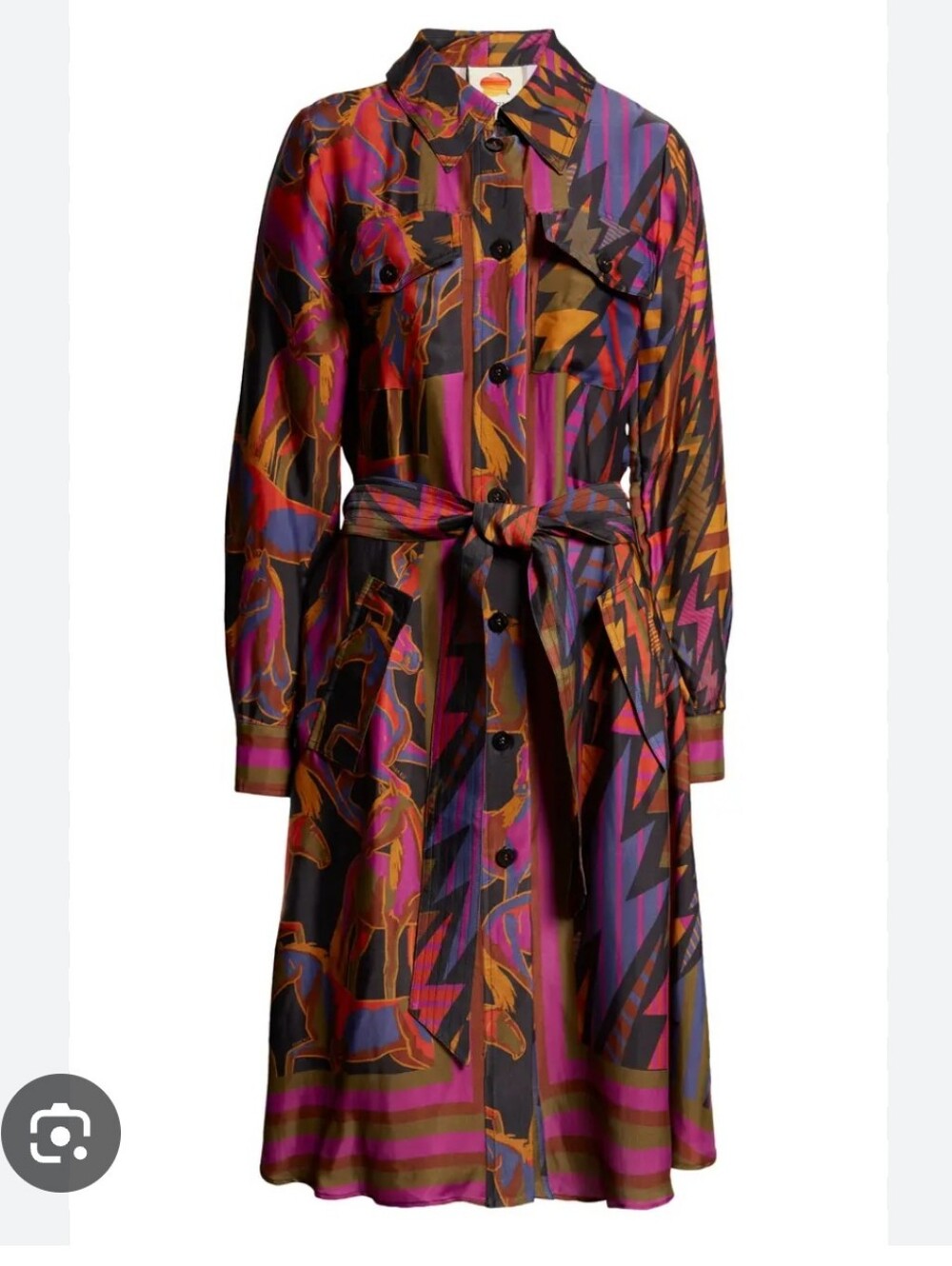 FARM Rio Mixed Wild Horses Long-Sleeve Shirt Dress in Pink, Orange, Black